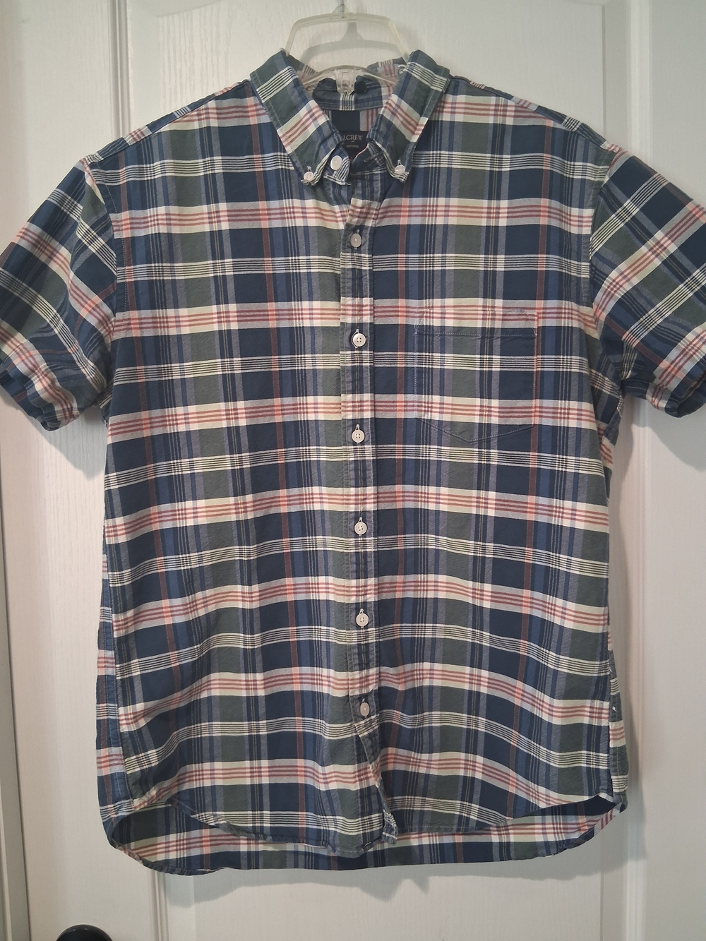 J.CREW Men L Oxford Cotton Plaid Button-Up Shirt Short Sleeve Blue Green